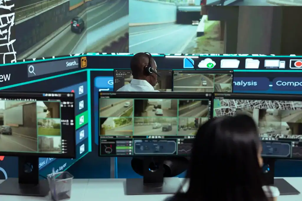 Security control room monitoring multiple CCTV surveillance cameras