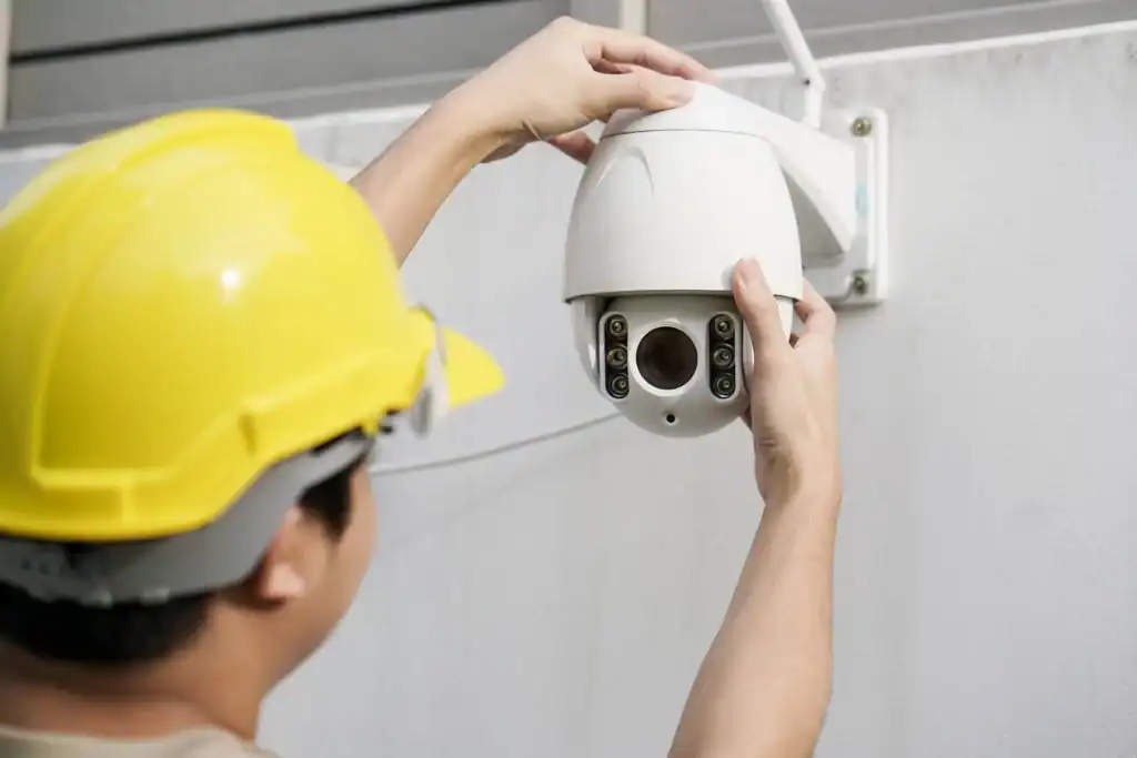 CCTV technician installing a security camera for a SIRA approved CCTV company in Dubai