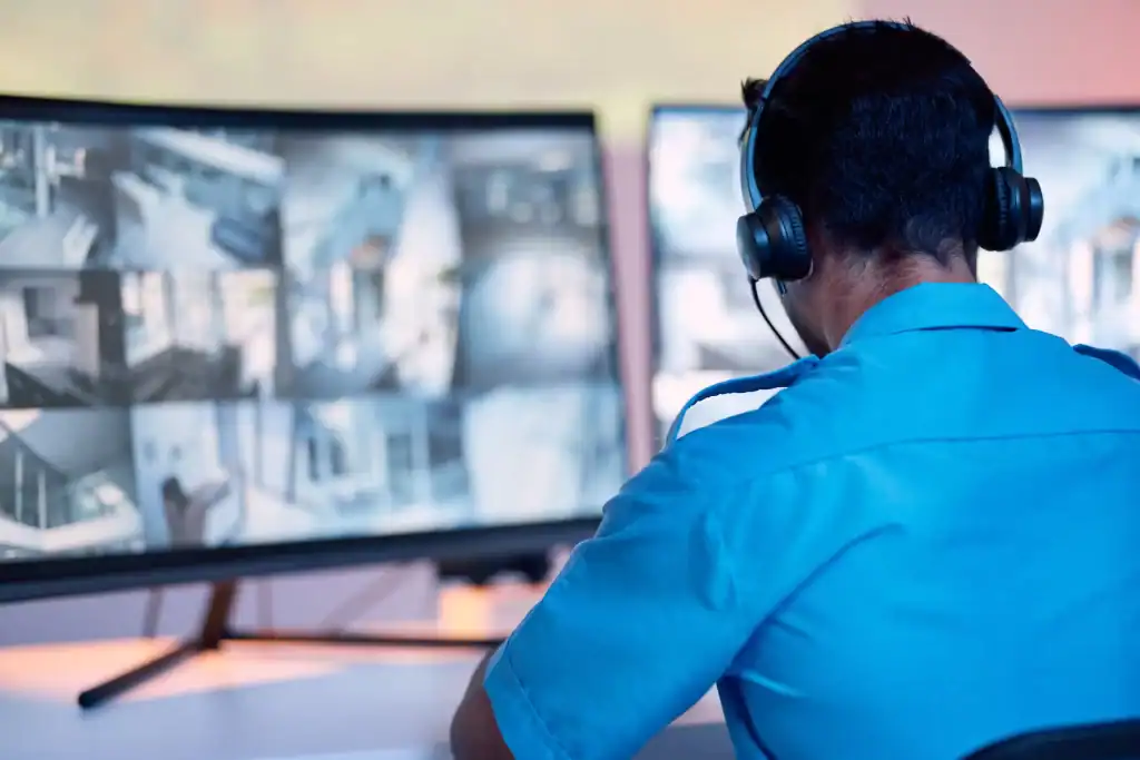 CCTV surveillance operator monitoring security cameras 24/7